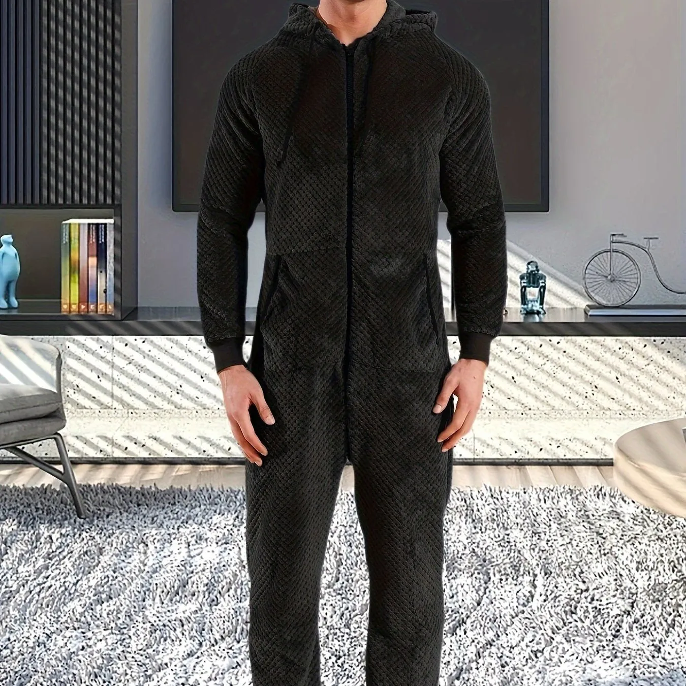 1 Pc Men's Dark Gray Plush Hooded Long Sleeve Pajama Jumpsuit With Zipper - Cozy One-Piece Loungewear, Relaxed Fit Home Wear