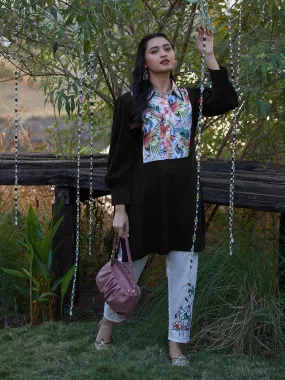 Abstract Floral Printed A-Line Kurta with Pant - Black