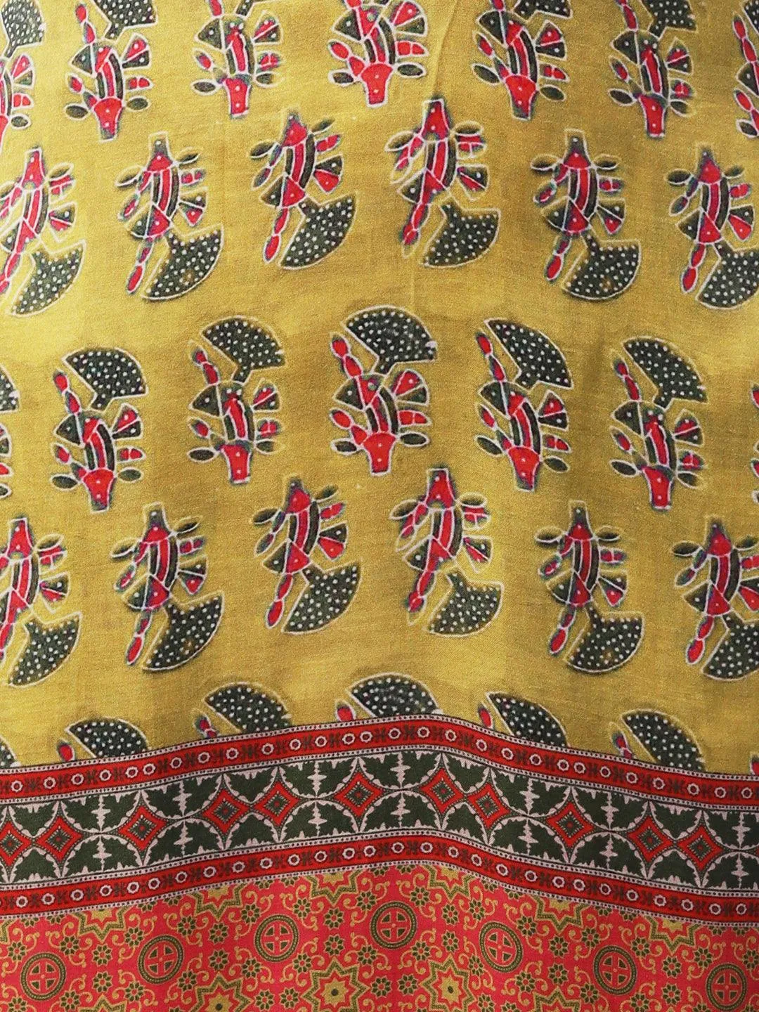 Abstract Printed Mirror Embroidered Angular Hemline Kurta With Pants & Crushed Dupatta - Yellow