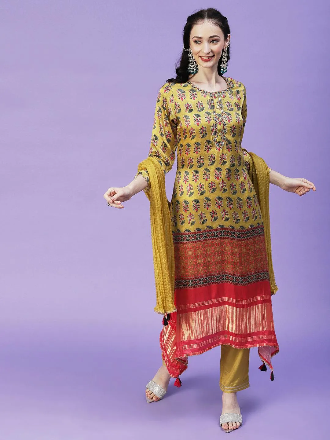 Abstract Printed Mirror Embroidered Angular Hemline Kurta With Pants & Crushed Dupatta - Yellow