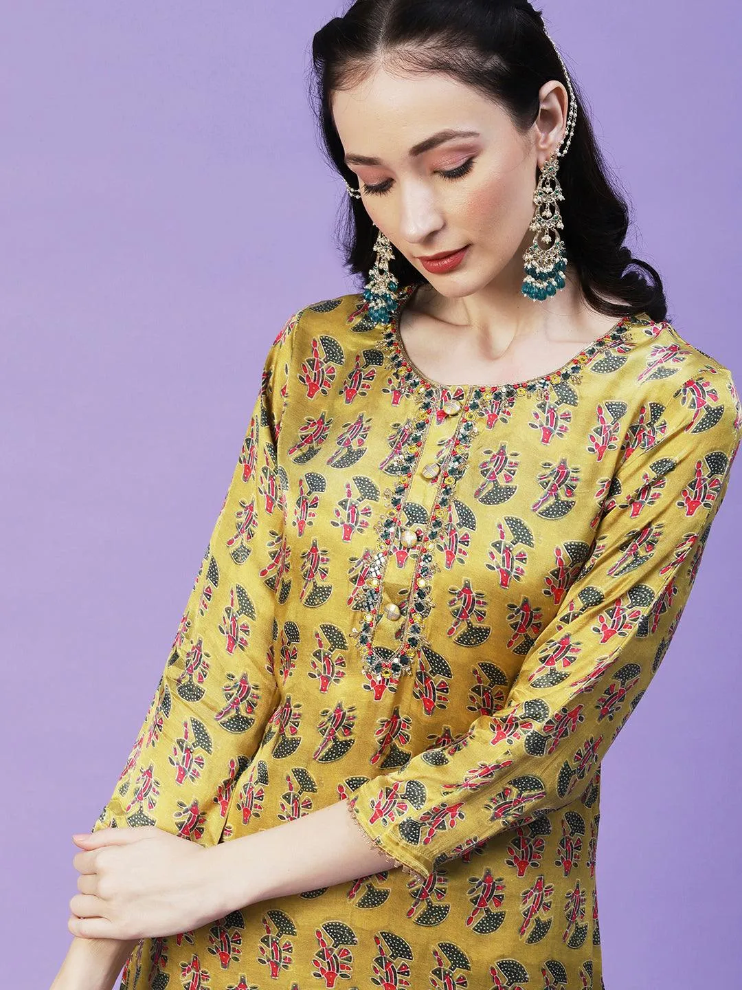 Abstract Printed Mirror Embroidered Angular Hemline Kurta With Pants & Crushed Dupatta - Yellow