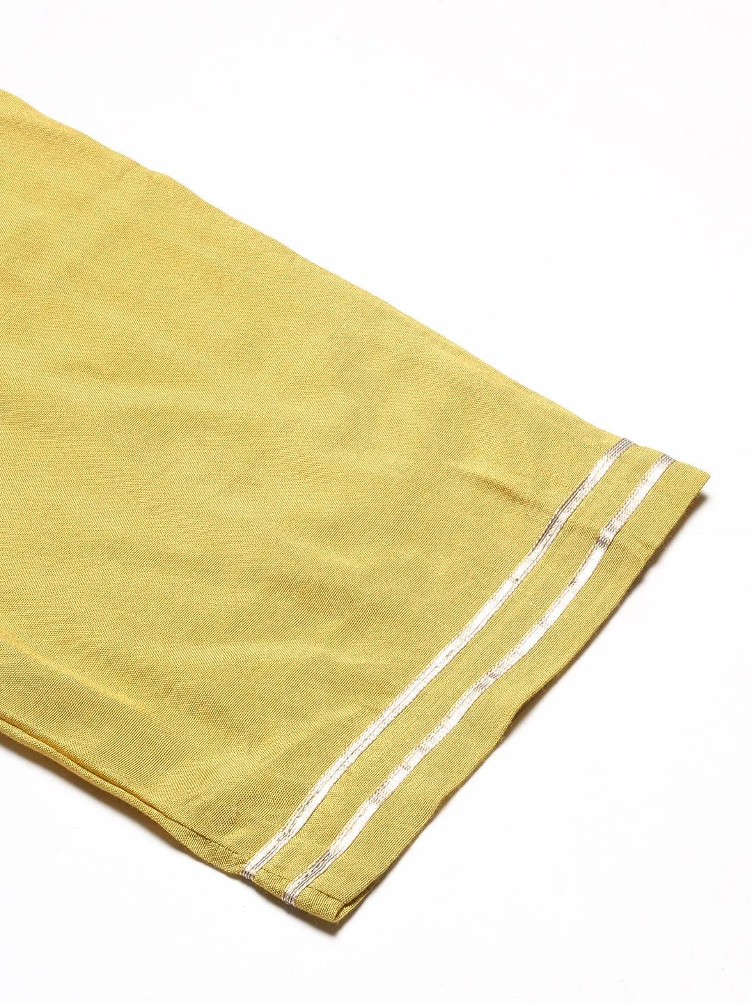 Abstract Printed Mirror Embroidered Angular Hemline Kurta With Pants & Crushed Dupatta - Yellow