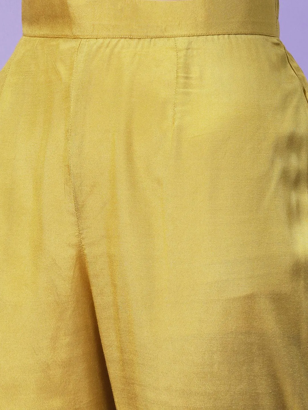 Abstract Printed Mirror Embroidered Angular Hemline Kurta With Pants & Crushed Dupatta - Yellow