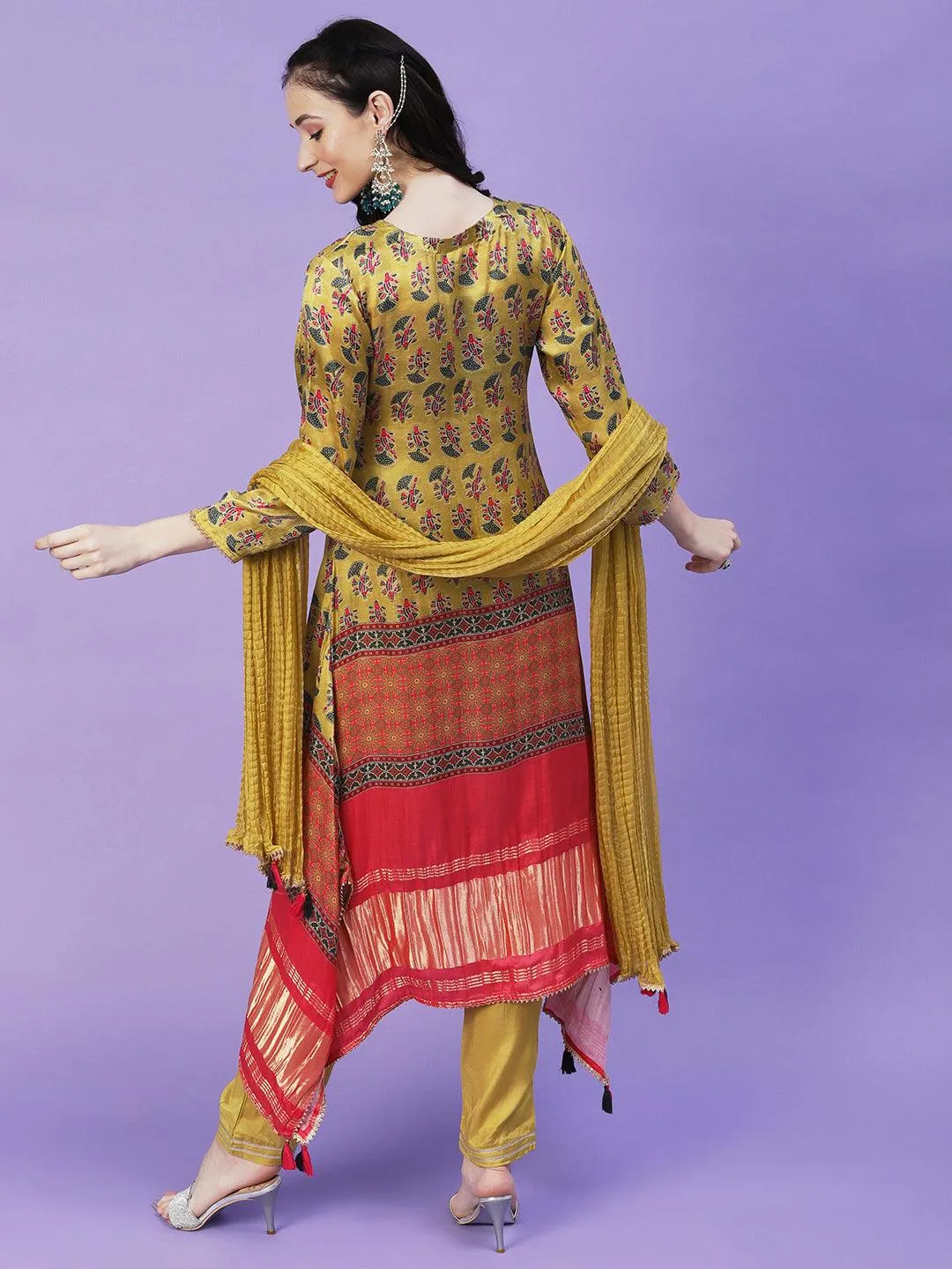 Abstract Printed Mirror Embroidered Angular Hemline Kurta With Pants & Crushed Dupatta - Yellow