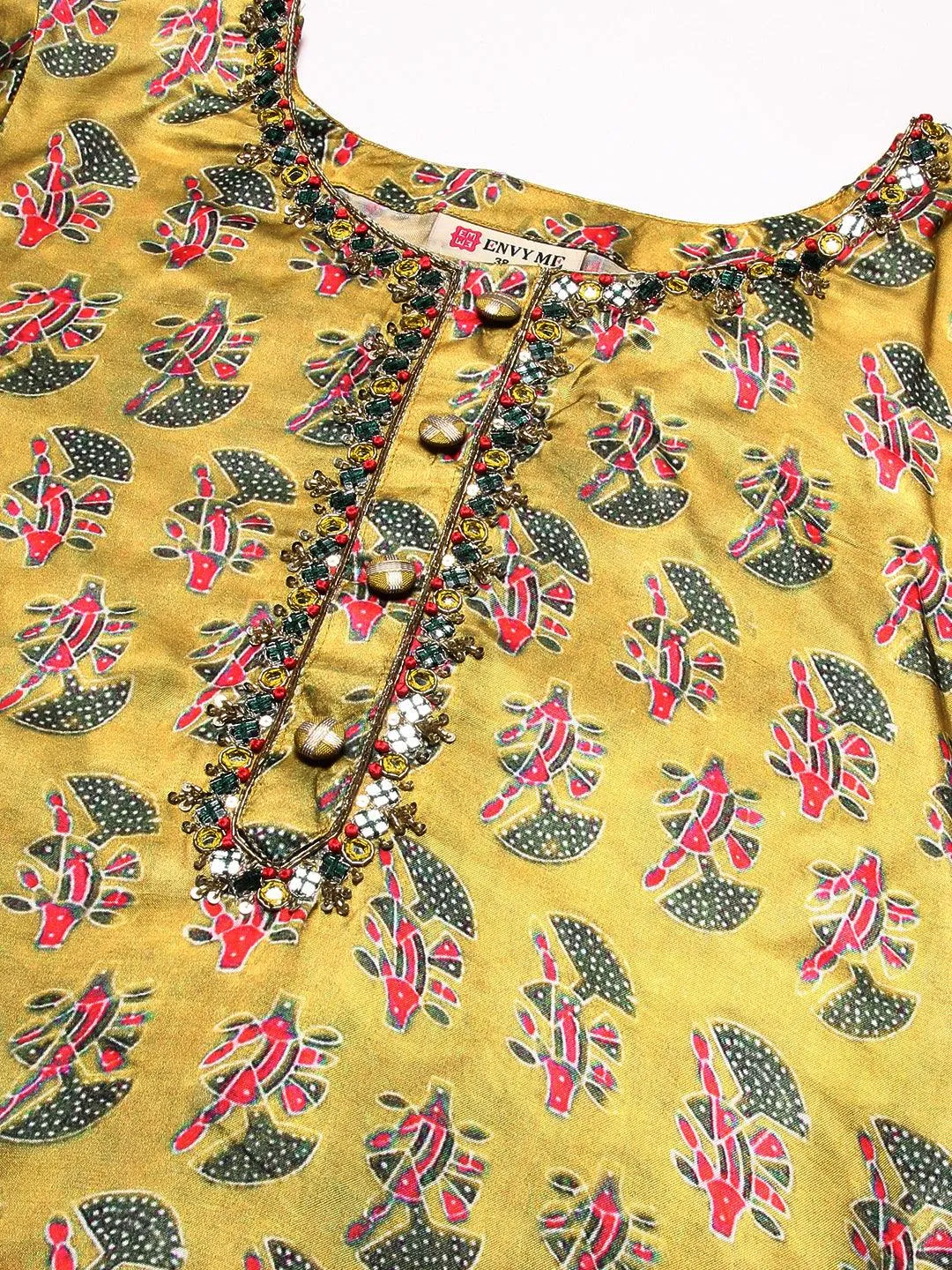 Abstract Printed Mirror Embroidered Angular Hemline Kurta With Pants & Crushed Dupatta - Yellow