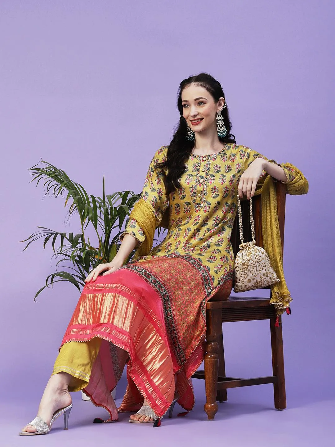Abstract Printed Mirror Embroidered Angular Hemline Kurta With Pants & Crushed Dupatta - Yellow