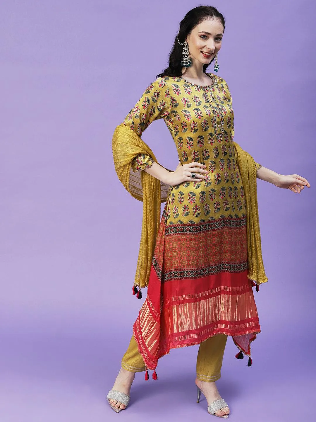Abstract Printed Mirror Embroidered Angular Hemline Kurta With Pants & Crushed Dupatta - Yellow