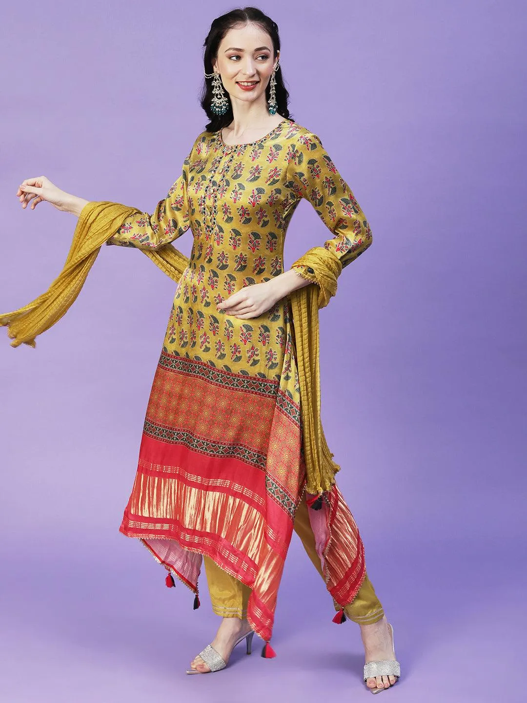 Abstract Printed Mirror Embroidered Angular Hemline Kurta With Pants & Crushed Dupatta - Yellow