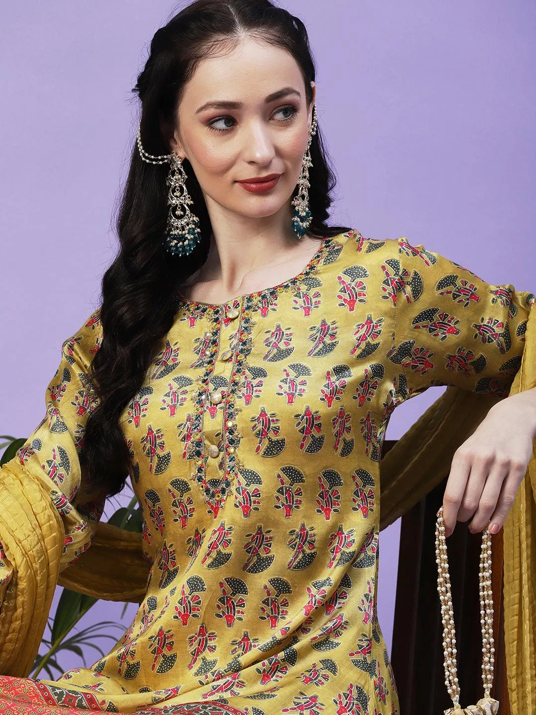 Abstract Printed Mirror Embroidered Angular Hemline Kurta With Pants & Crushed Dupatta - Yellow