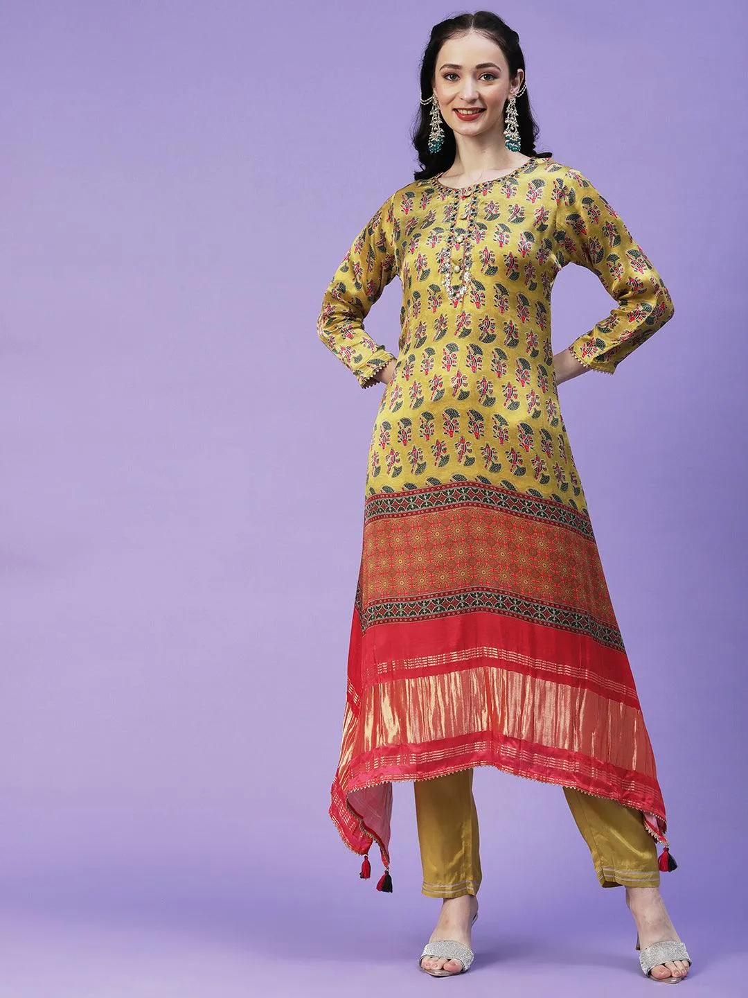 Abstract Printed Mirror Embroidered Angular Hemline Kurta With Pants & Crushed Dupatta - Yellow