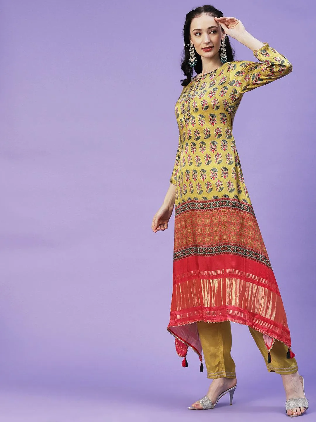 Abstract Printed Mirror Embroidered Angular Hemline Kurta With Pants & Crushed Dupatta - Yellow