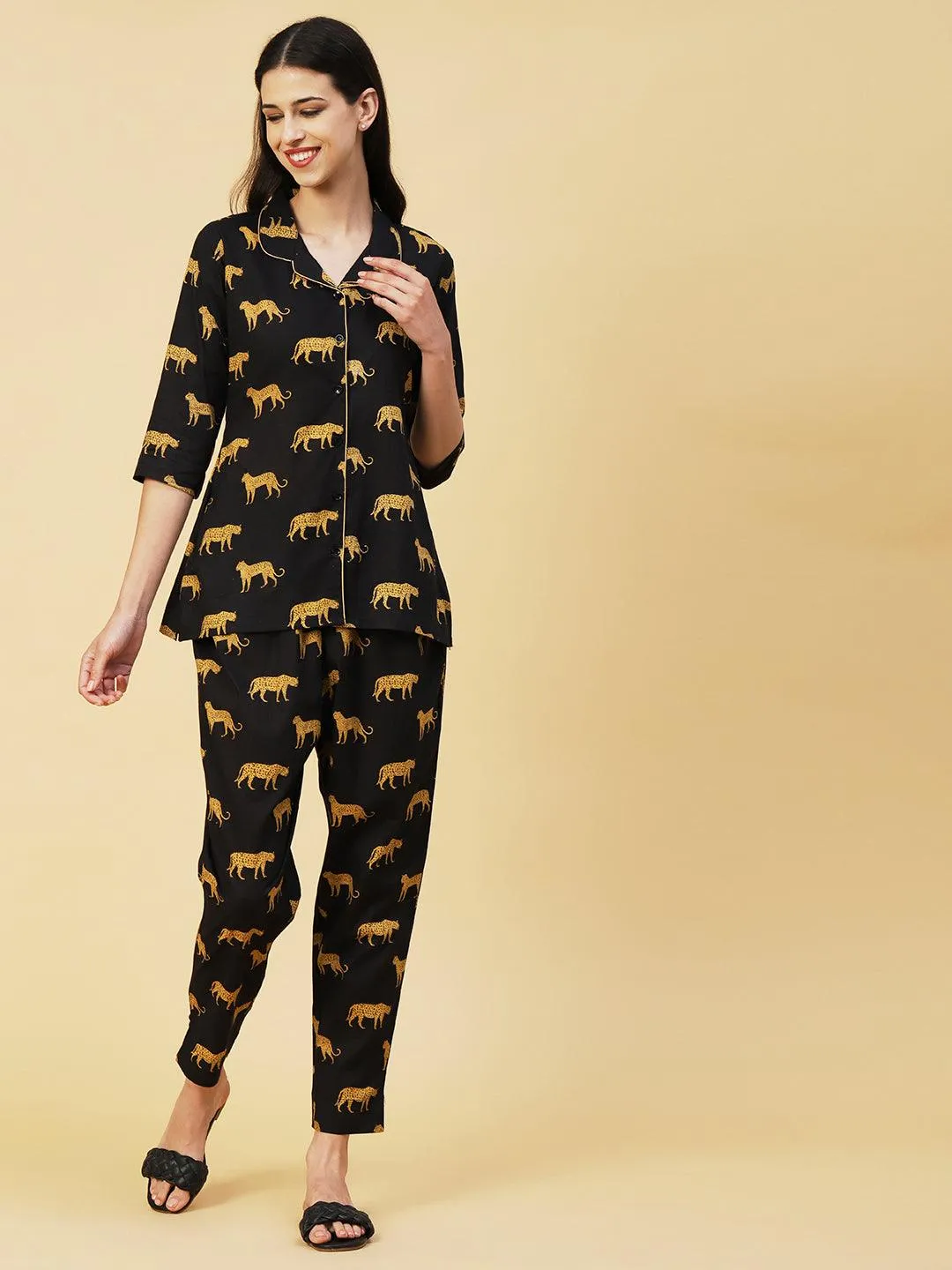 Animal Printed A-line Shirt With Pants Lounge Wear Set - Black