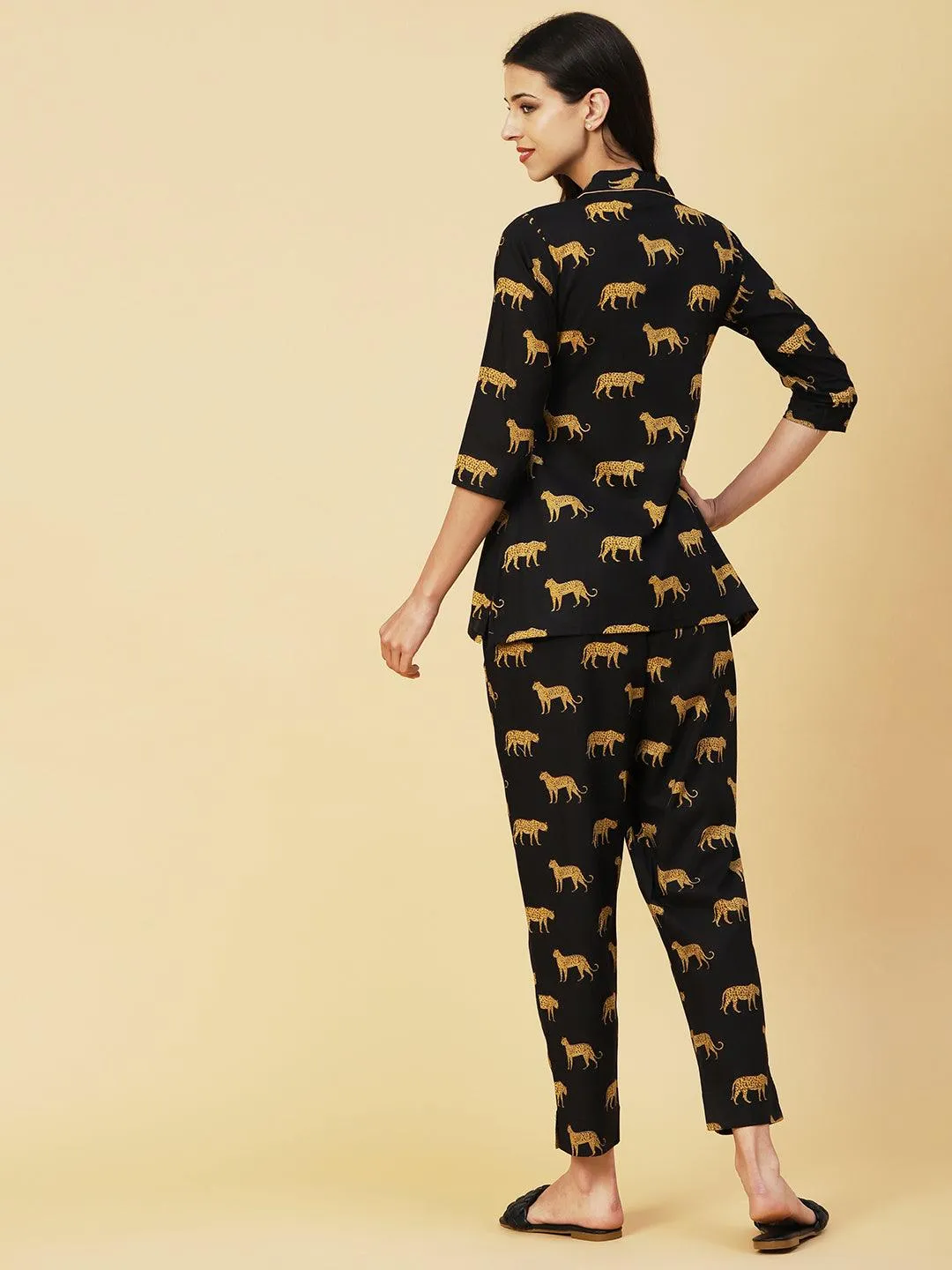 Animal Printed A-line Shirt With Pants Lounge Wear Set - Black