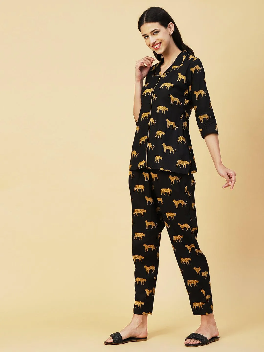 Animal Printed A-line Shirt With Pants Lounge Wear Set - Black