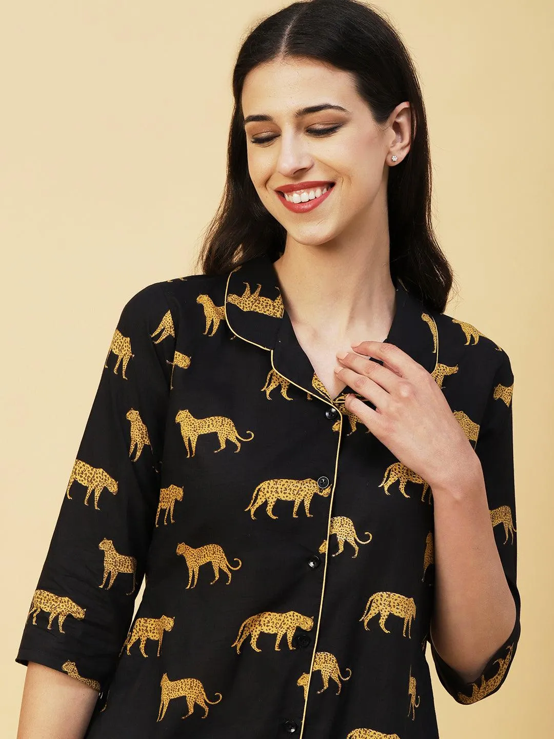 Animal Printed A-line Shirt With Pants Lounge Wear Set - Black