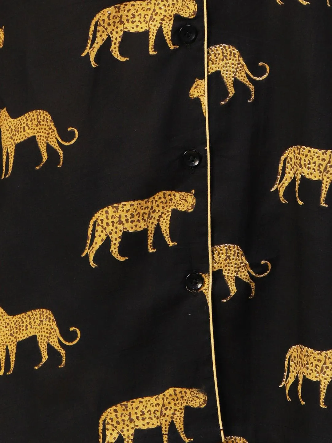 Animal Printed A-line Shirt With Pants Lounge Wear Set - Black