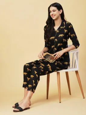 Animal Printed A-line Shirt With Pants Lounge Wear Set - Black