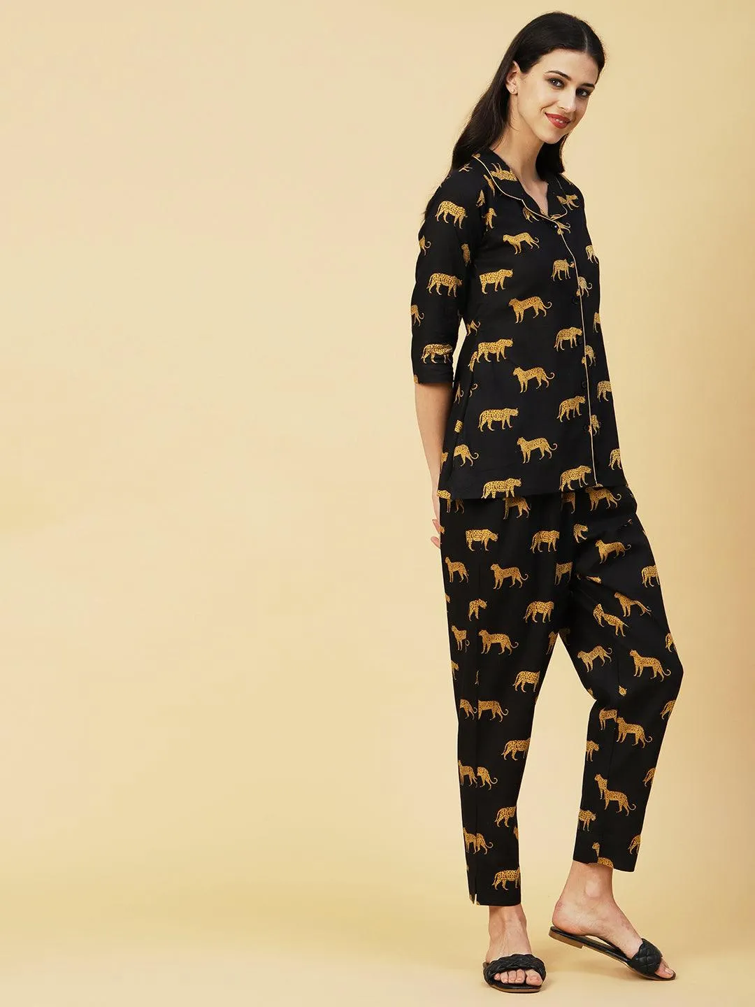 Animal Printed A-line Shirt With Pants Lounge Wear Set - Black