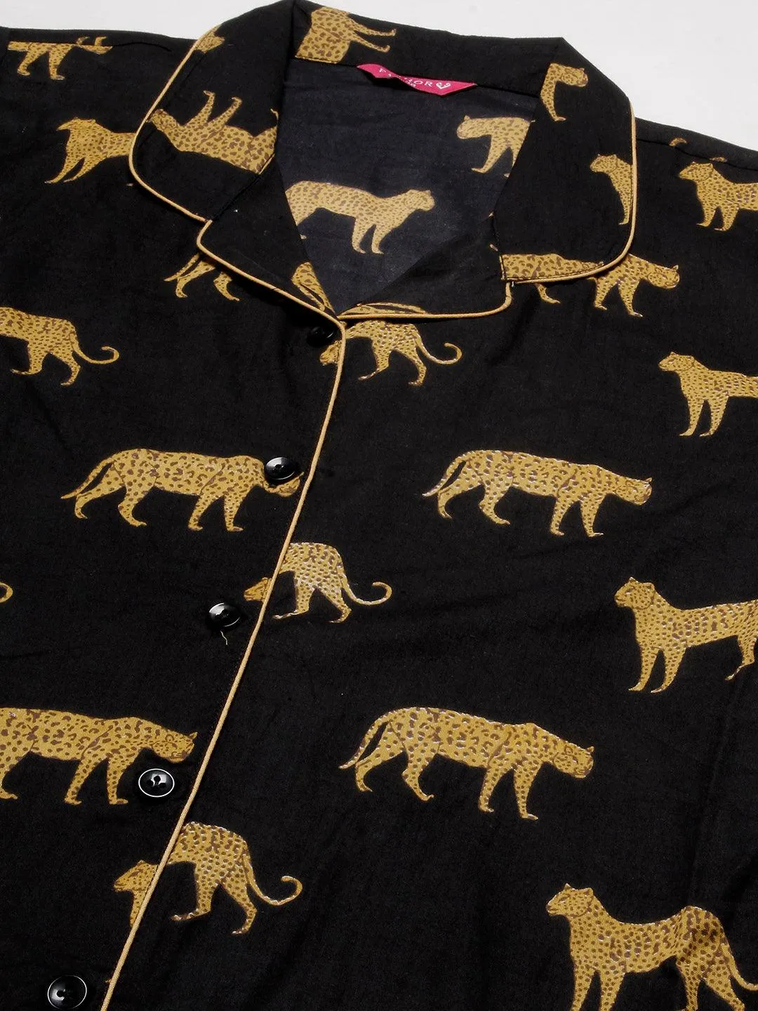 Animal Printed A-line Shirt With Pants Lounge Wear Set - Black
