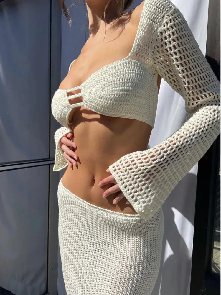Articat Sexy Lace Up Long Sleeve Casual Knitted Long Dress Set Women's Square Neck Top Long Dress Two Piece Beach Party Set