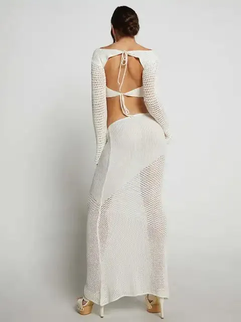 Articat Sexy Lace Up Long Sleeve Casual Knitted Long Dress Set Women's Square Neck Top Long Dress Two Piece Beach Party Set
