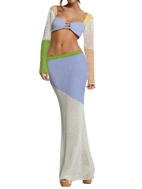 Articat Sexy Lace Up Long Sleeve Casual Knitted Long Dress Set Women's Square Neck Top Long Dress Two Piece Beach Party Set