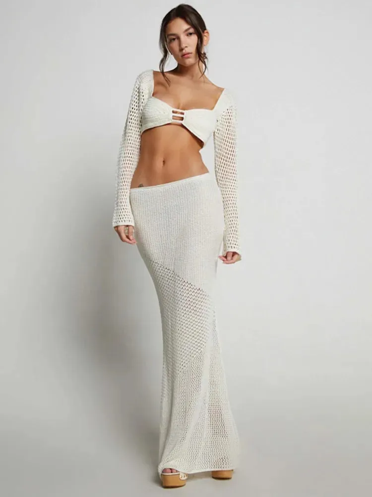 Articat Sexy Lace Up Long Sleeve Casual Knitted Long Dress Set Women's Square Neck Top Long Dress Two Piece Beach Party Set