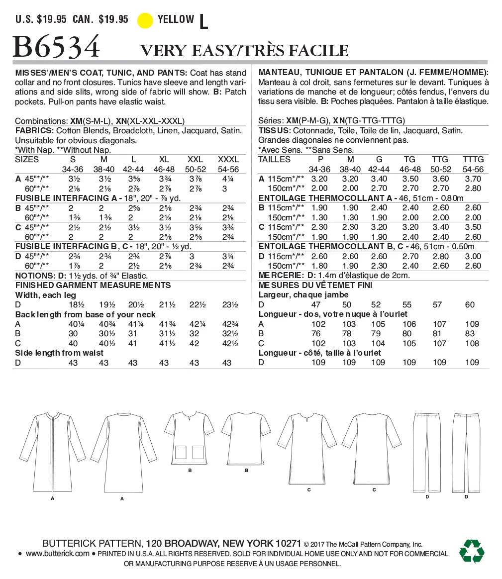 B6534 Misses'/Men's Coat, Tunic and Pants