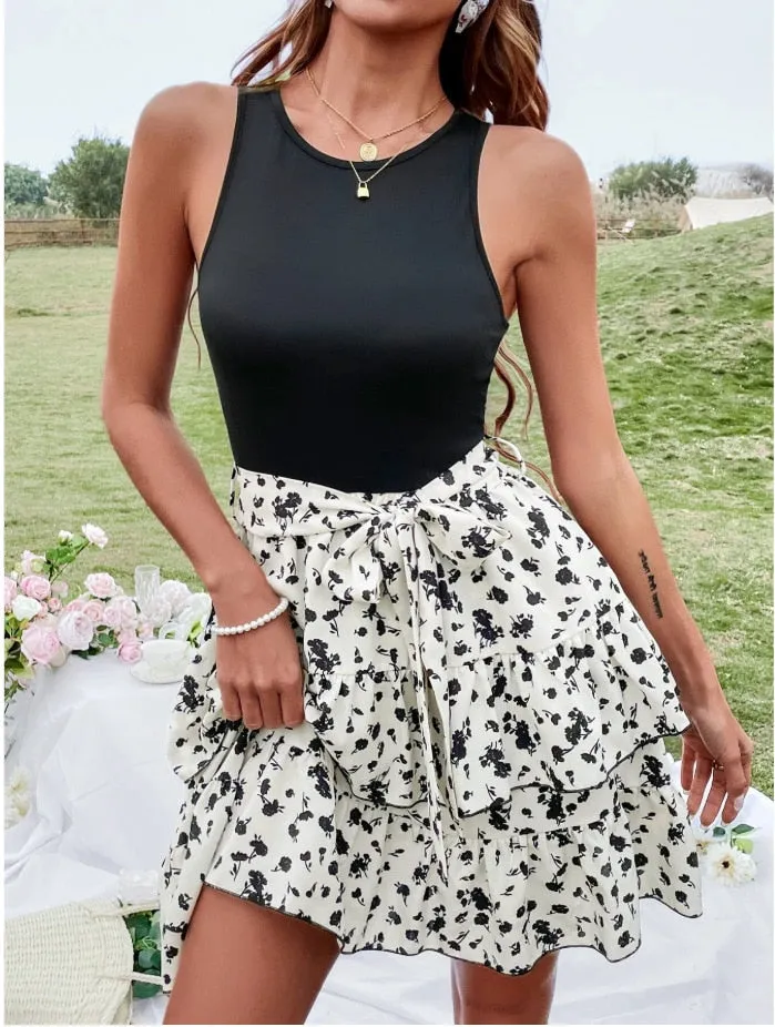 Back to School Fashion Summer  Women's Floral Print Boho Beach Dress Knitted Elastic Sleeveless Vest elegant Women Slim mini Dress