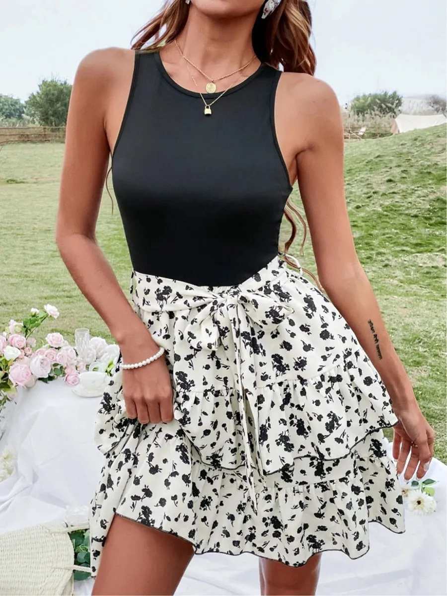 Back to School Fashion Summer  Women's Floral Print Boho Beach Dress Knitted Elastic Sleeveless Vest elegant Women Slim mini Dress