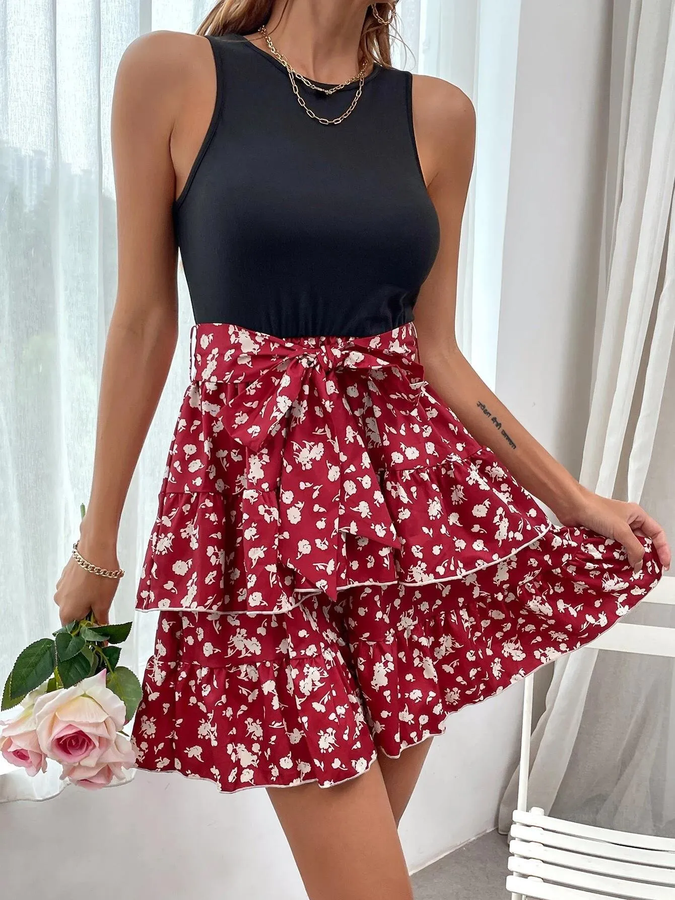 Back to School Fashion Summer  Women's Floral Print Boho Beach Dress Knitted Elastic Sleeveless Vest elegant Women Slim mini Dress