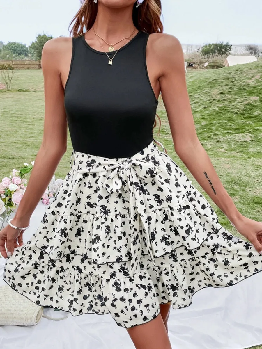 Back to School Fashion Summer  Women's Floral Print Boho Beach Dress Knitted Elastic Sleeveless Vest elegant Women Slim mini Dress