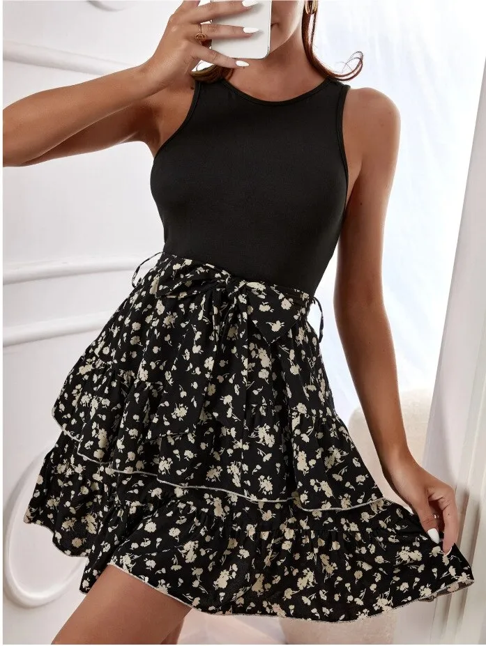 Back to School Fashion Summer  Women's Floral Print Boho Beach Dress Knitted Elastic Sleeveless Vest elegant Women Slim mini Dress