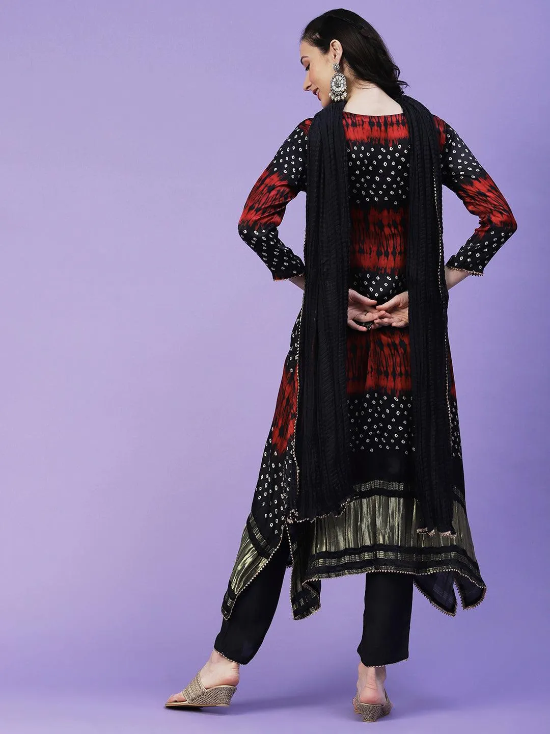 Bandhani Printed Mirror Embroidered Angular Hem Kurta With Pants & Crushed Dupatta - Navy Blue