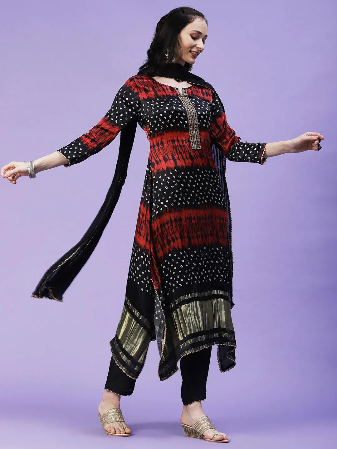 Bandhani Printed Mirror Embroidered Angular Hem Kurta With Pants & Crushed Dupatta - Navy Blue