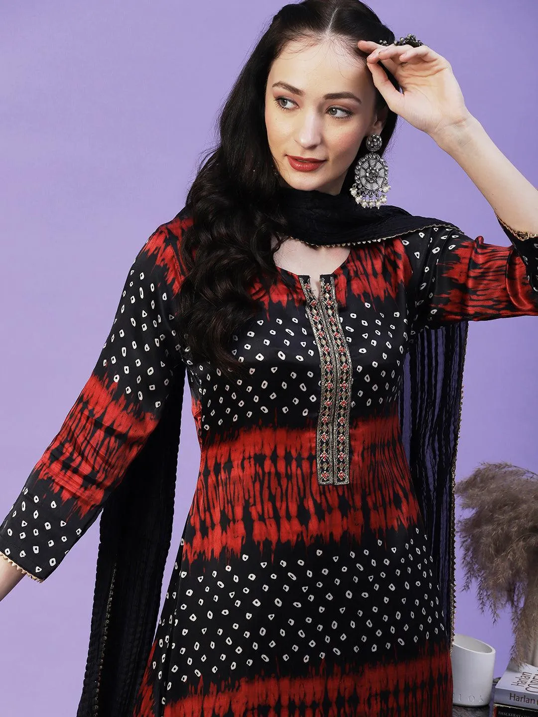 Bandhani Printed Mirror Embroidered Angular Hem Kurta With Pants & Crushed Dupatta - Navy Blue