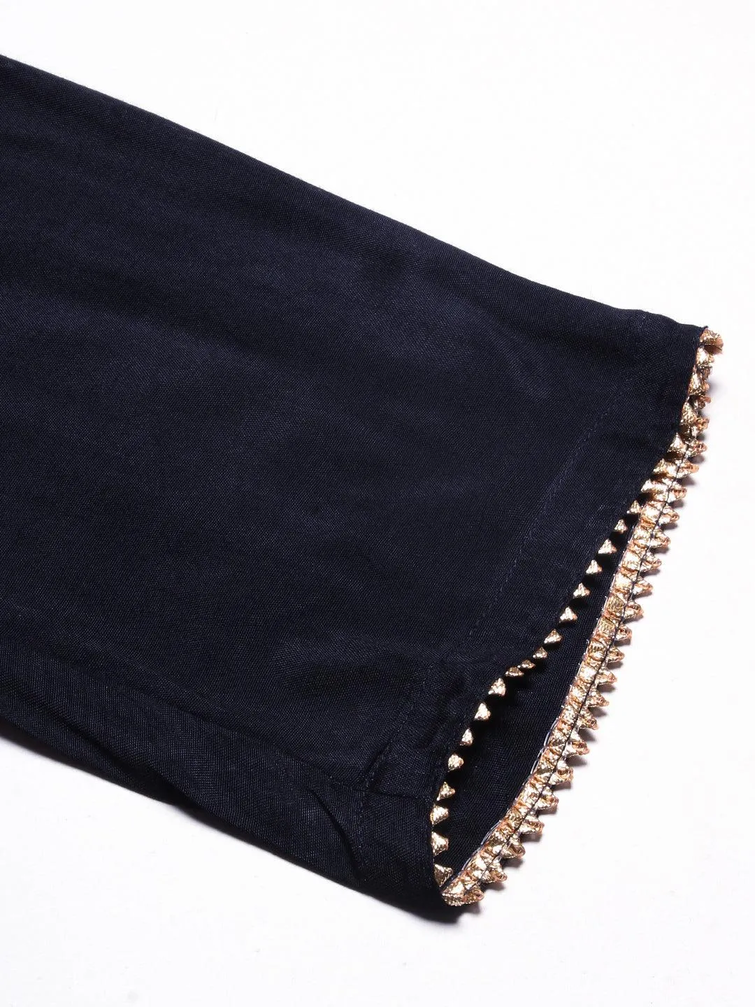Bandhani Printed Mirror Embroidered Angular Hem Kurta With Pants & Crushed Dupatta - Navy Blue