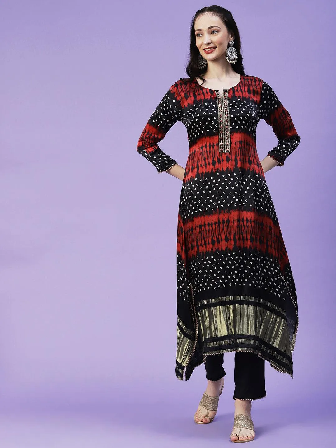 Bandhani Printed Mirror Embroidered Angular Hem Kurta With Pants & Crushed Dupatta - Navy Blue