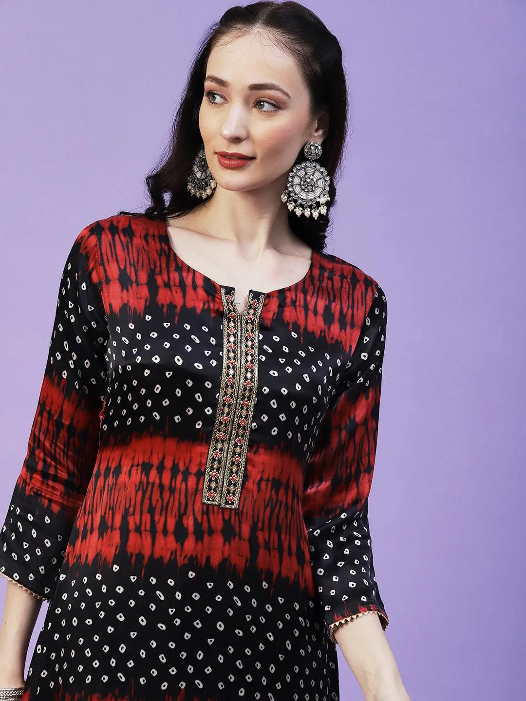 Bandhani Printed Mirror Embroidered Angular Hem Kurta With Pants & Crushed Dupatta - Navy Blue