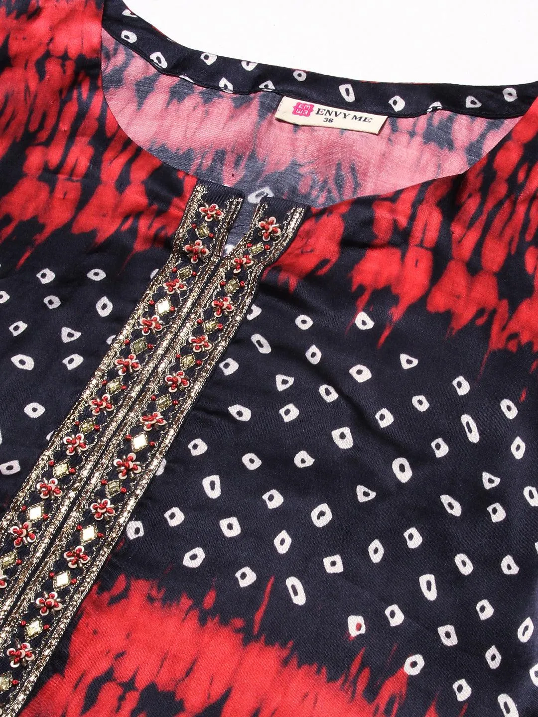 Bandhani Printed Mirror Embroidered Angular Hem Kurta With Pants & Crushed Dupatta - Navy Blue