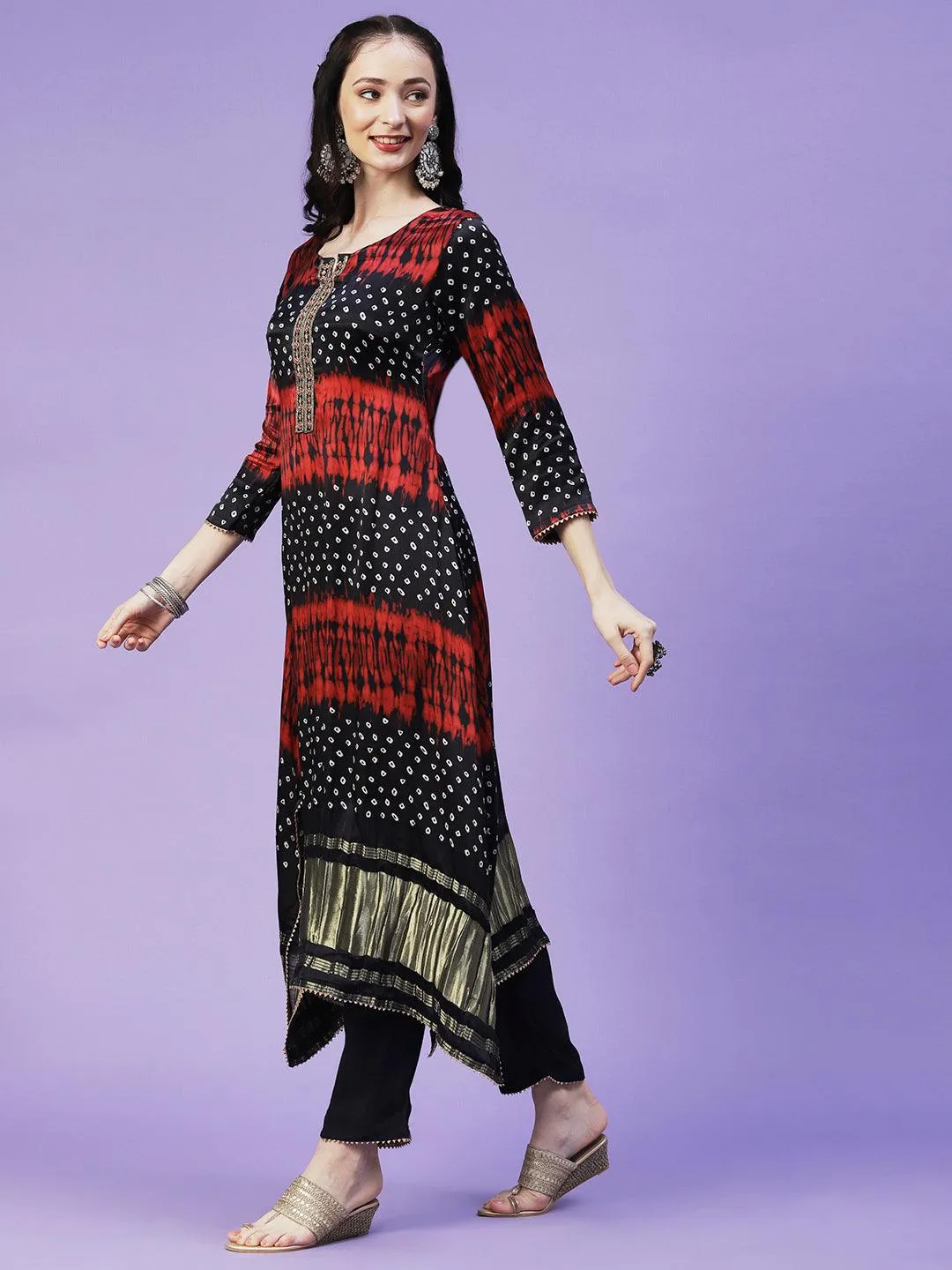 Bandhani Printed Mirror Embroidered Angular Hem Kurta With Pants & Crushed Dupatta - Navy Blue