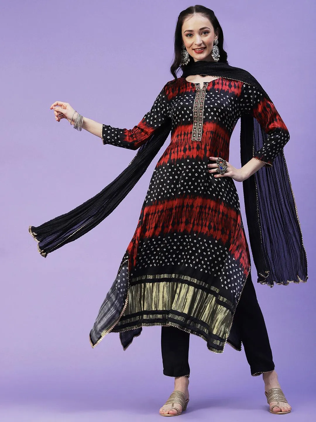 Bandhani Printed Mirror Embroidered Angular Hem Kurta With Pants & Crushed Dupatta - Navy Blue