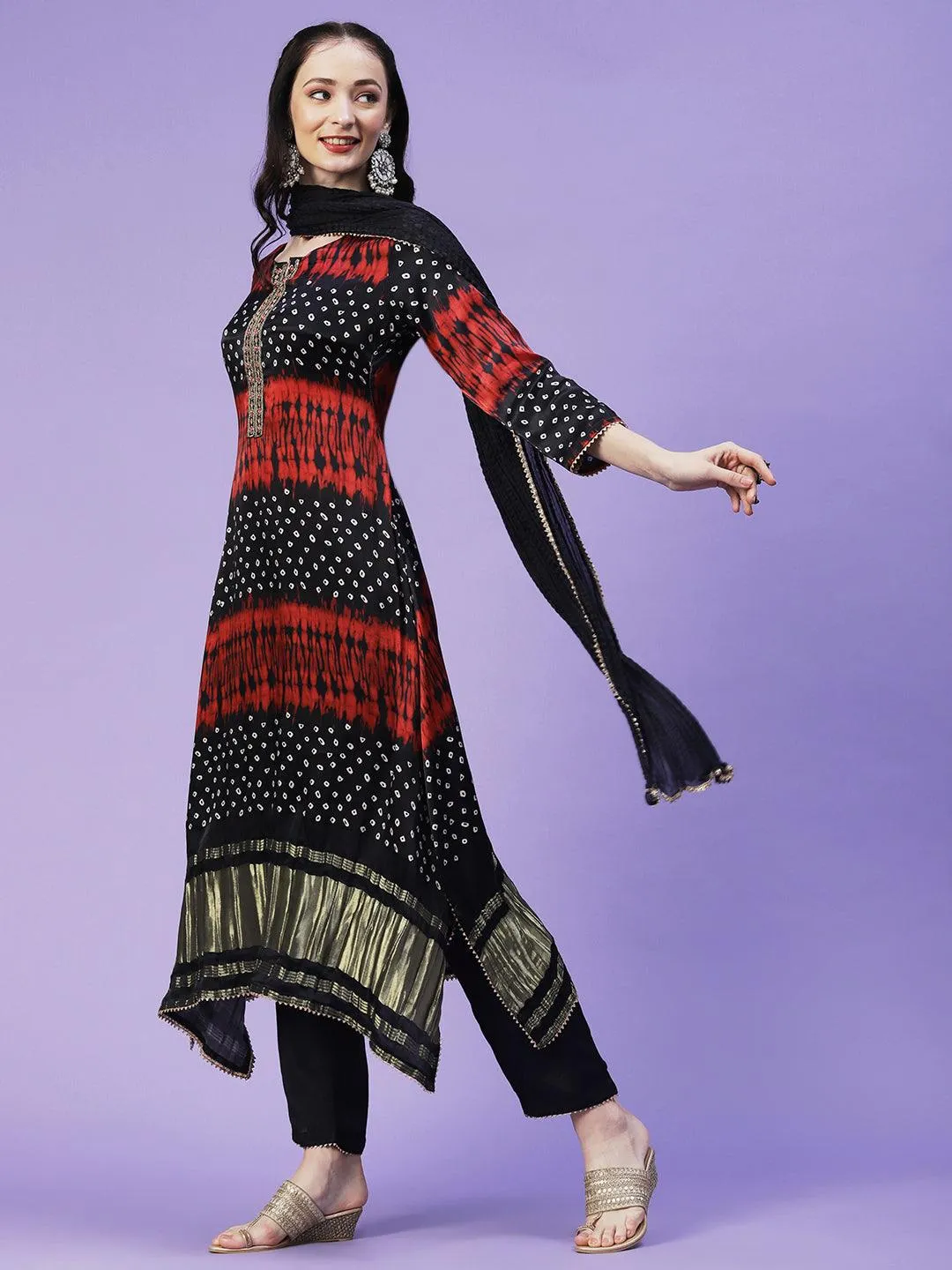Bandhani Printed Mirror Embroidered Angular Hem Kurta With Pants & Crushed Dupatta - Navy Blue
