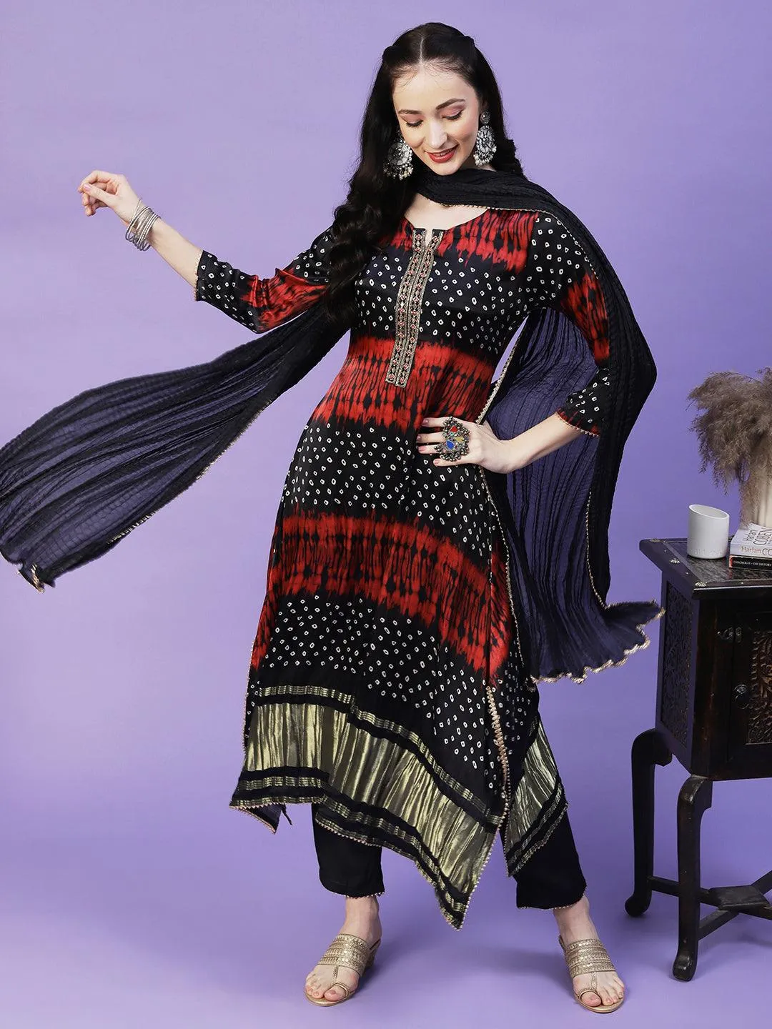 Bandhani Printed Mirror Embroidered Angular Hem Kurta With Pants & Crushed Dupatta - Navy Blue