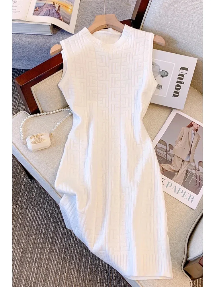 Bjlxn - Sleeveless Vest Dress For Women 2024 Summer Jacqurd Knitted Elegant Sexy A-line Mini Dresses Vintage Fashion Ladies Vestidos