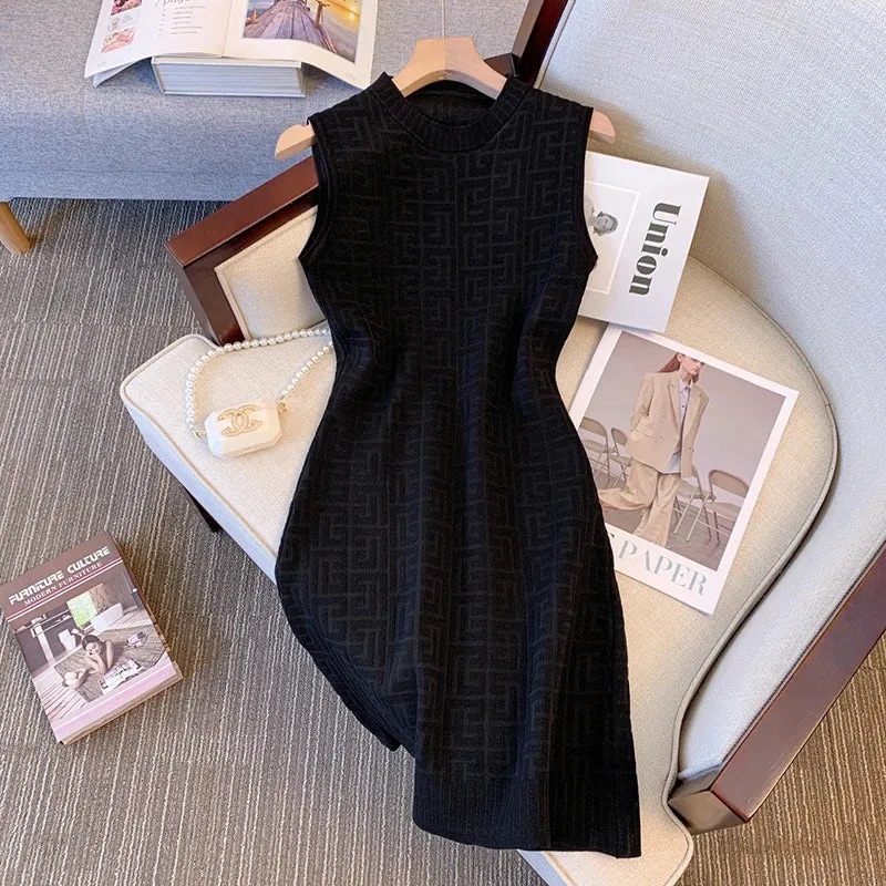 Bjlxn - Sleeveless Vest Dress For Women 2024 Summer Jacqurd Knitted Elegant Sexy A-line Mini Dresses Vintage Fashion Ladies Vestidos
