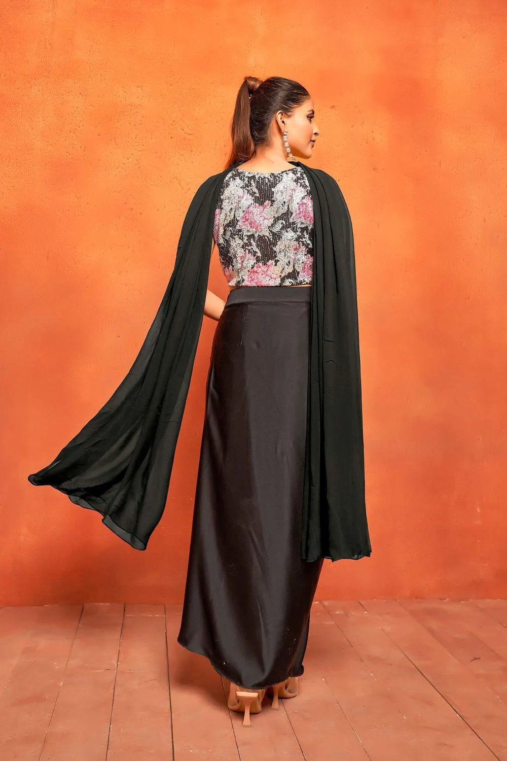 Black Floral Print Dhoti Skirt Crop Top Dupatta Co-ord Set