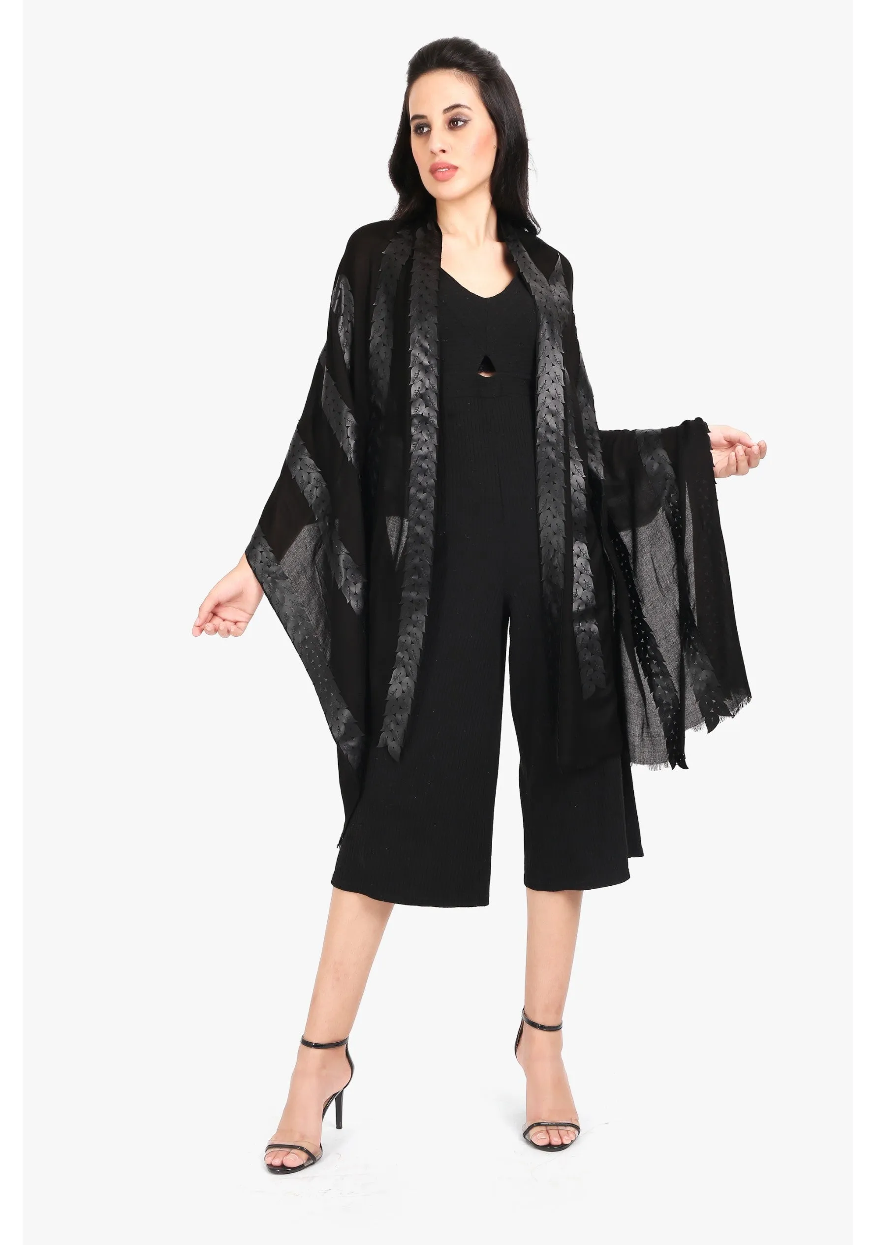 Black Modal Scarf with Lasercut Black Faux Leather Leaves
