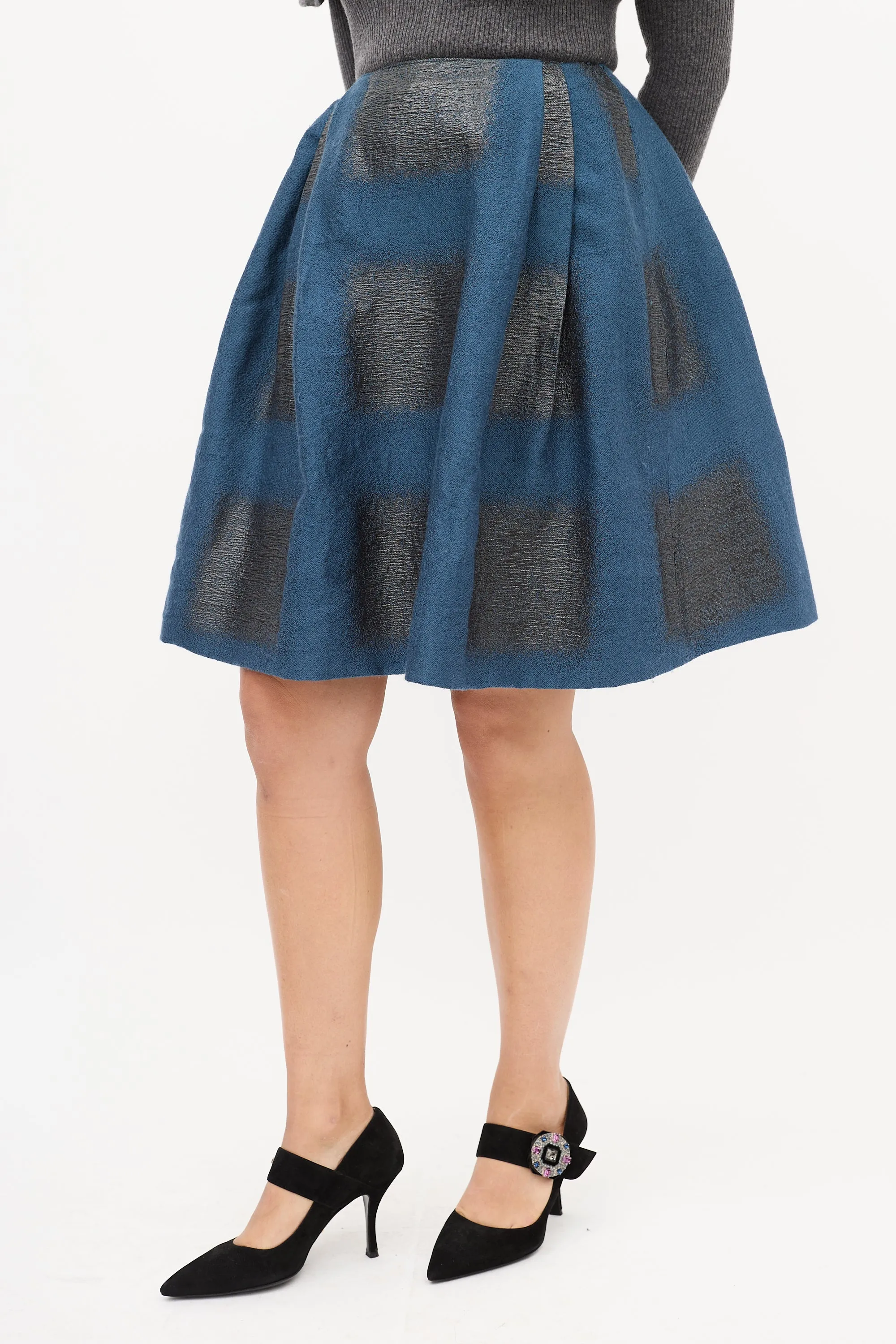 Blue & Black Cloque Brocade Midi Skirt