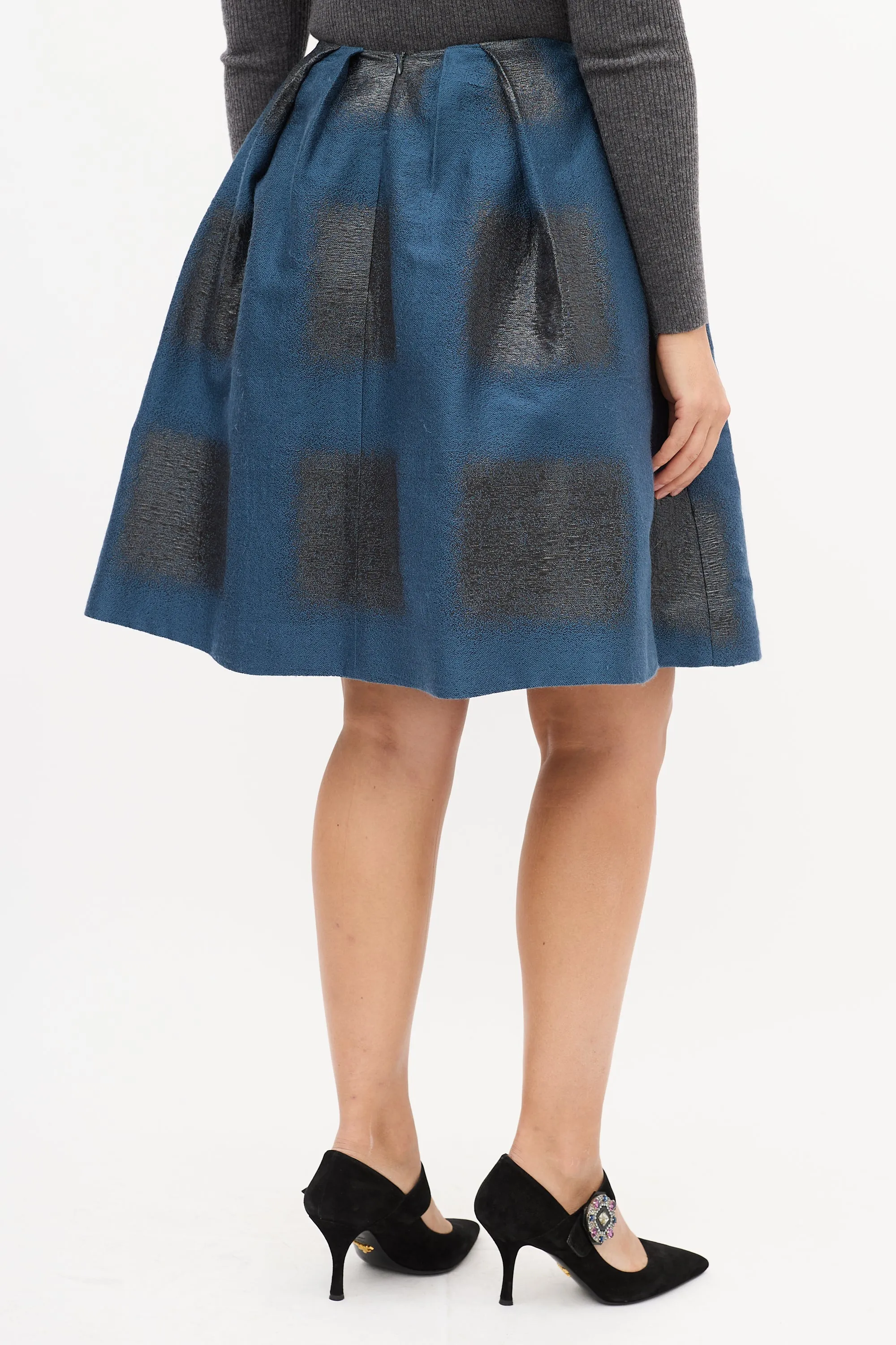 Blue & Black Cloque Brocade Midi Skirt
